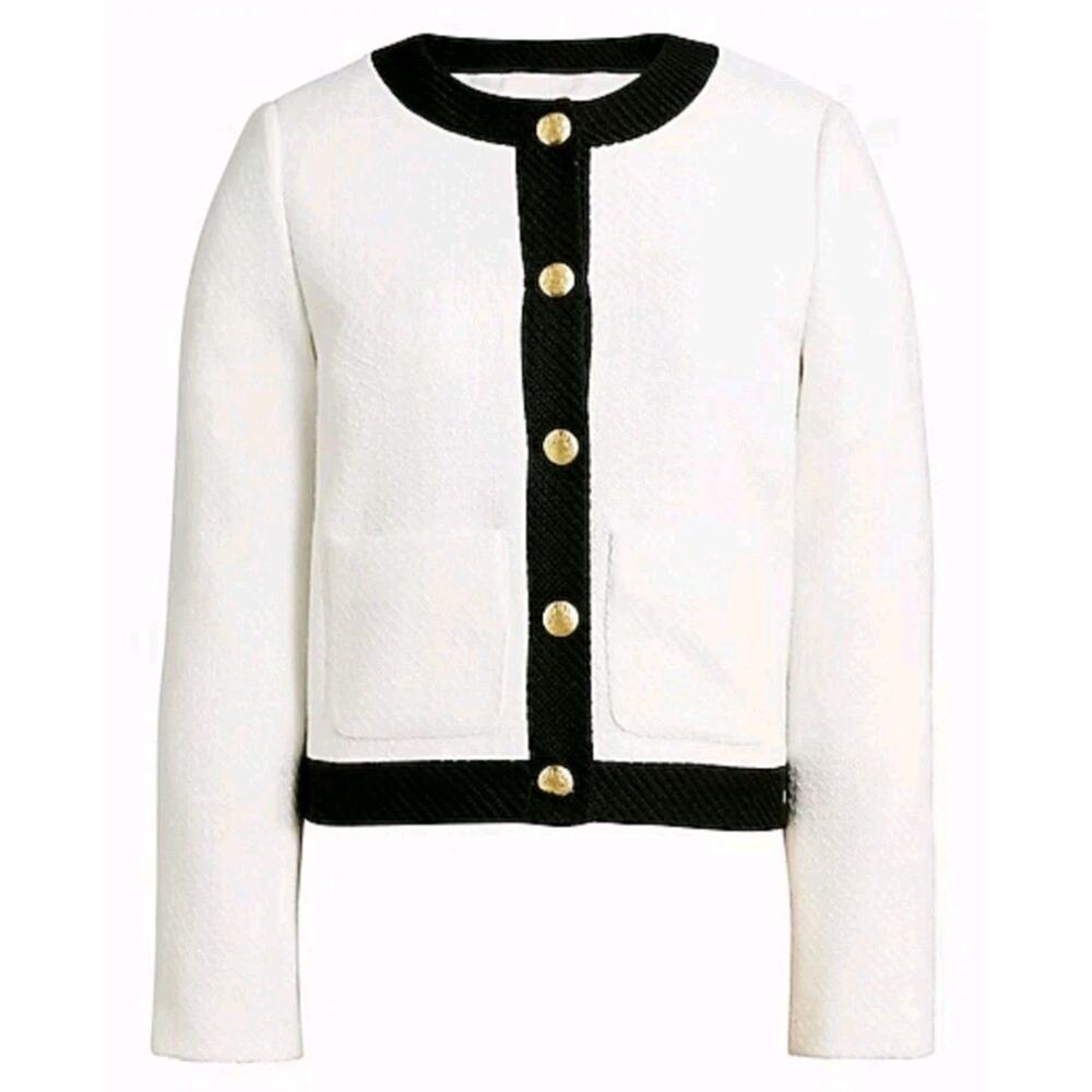 J.Crew Tweed Lady Jacket Womens 12 Black White Preppy Blazer Gold Crested Button - Picture 3 of 16